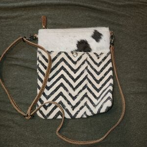 Myra Bag Black & White Chevron Crossbody with Cowhide Accent and Tan Strap